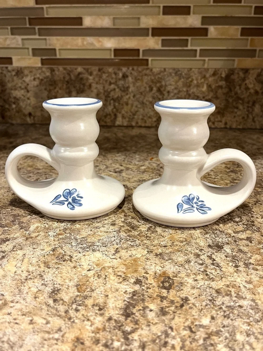 Vintage Pfaltzgraff Yorktowne White and Blue Floral Candle Holders - Set of 2